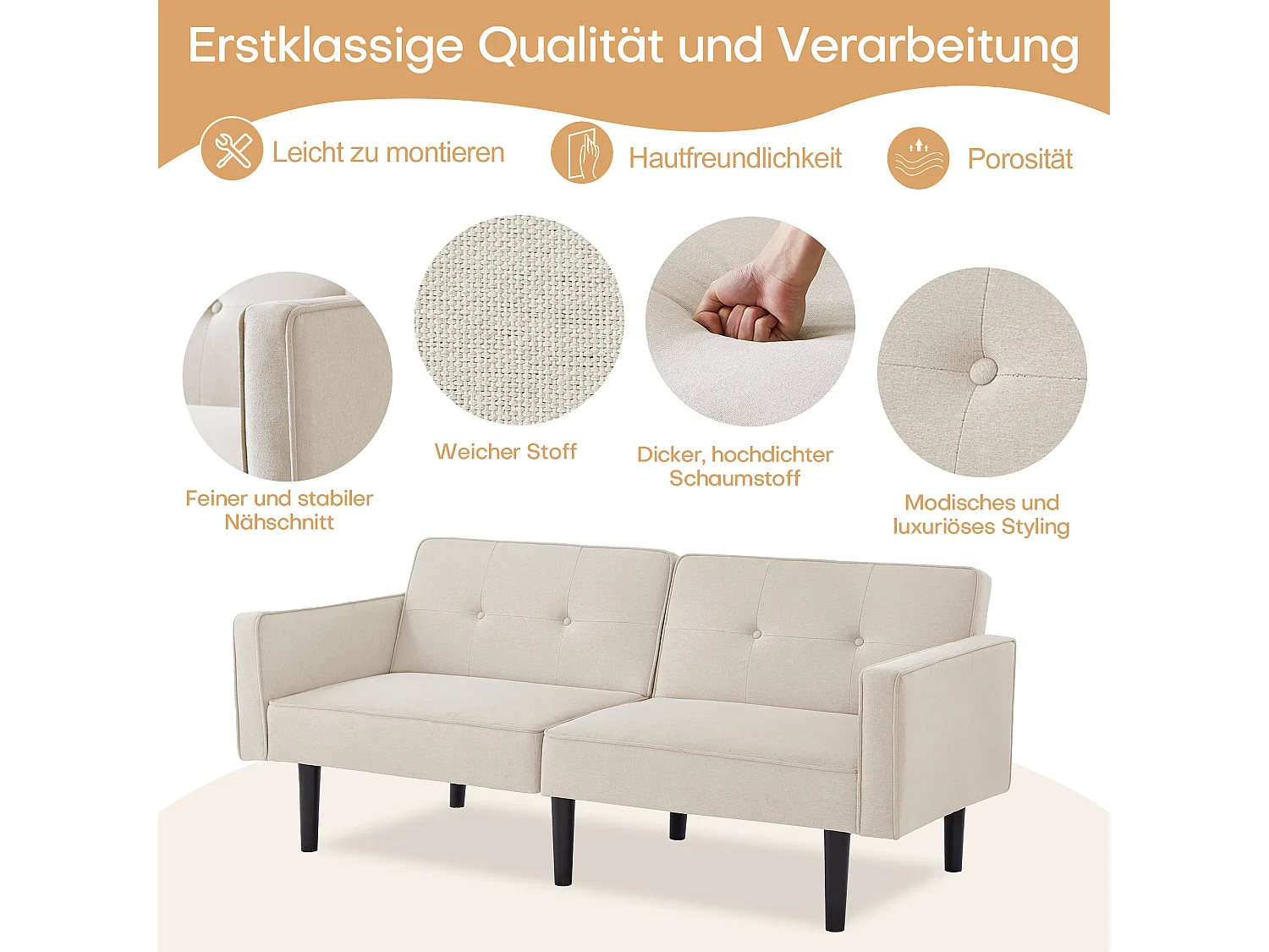 Canapé convertible 2 places avec dossier réglable, en tissu coton-lin, beige (176x76x74 cm)