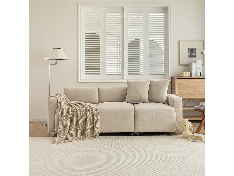 Moderne 3-zitsbank in chenillestof met sierkussens in beige (211x67x71 cm)