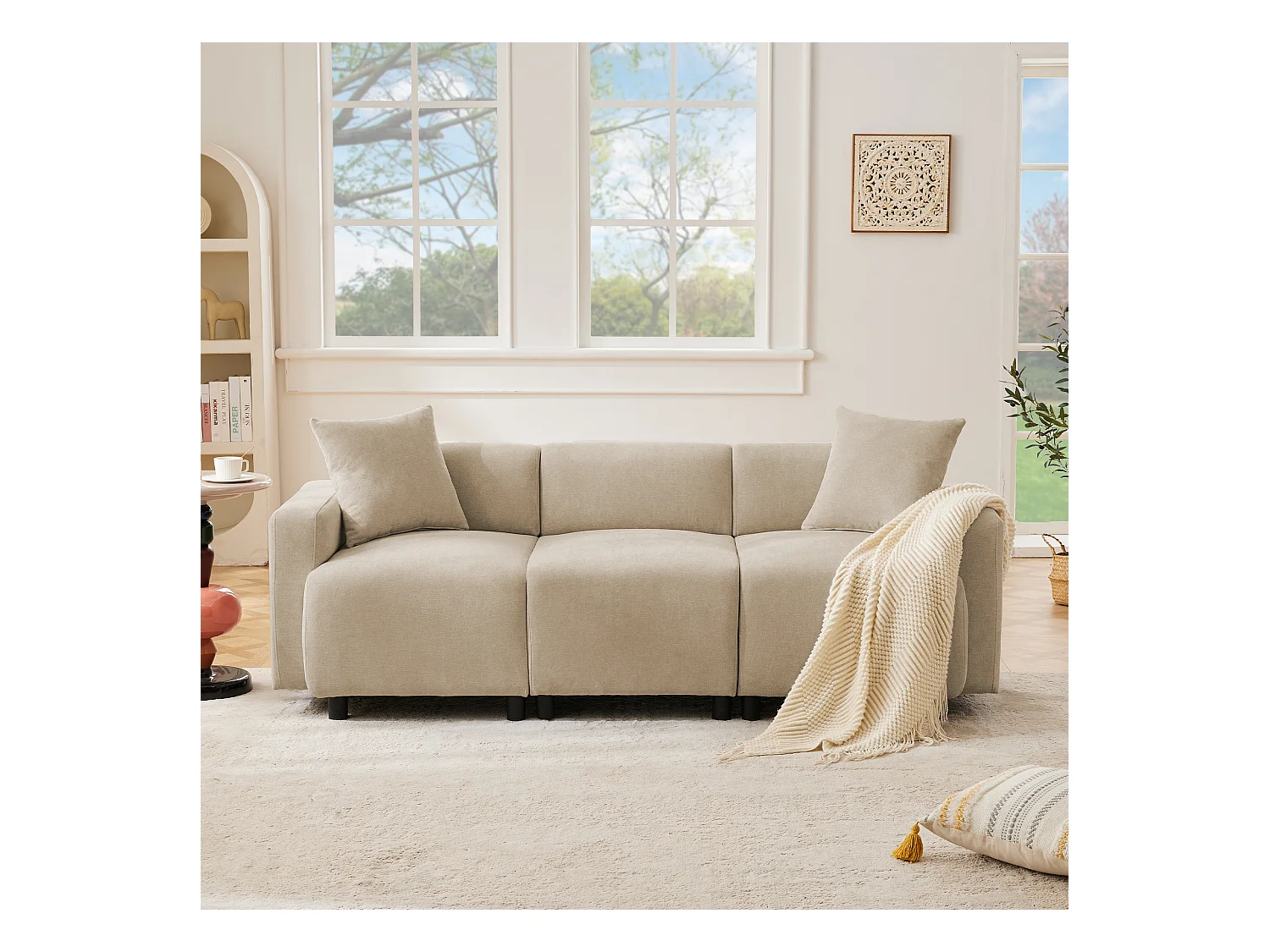 Canapé 3 places, moderne, tissu chenille, avec coussins décoratifs, beige (211x67x71 cm)