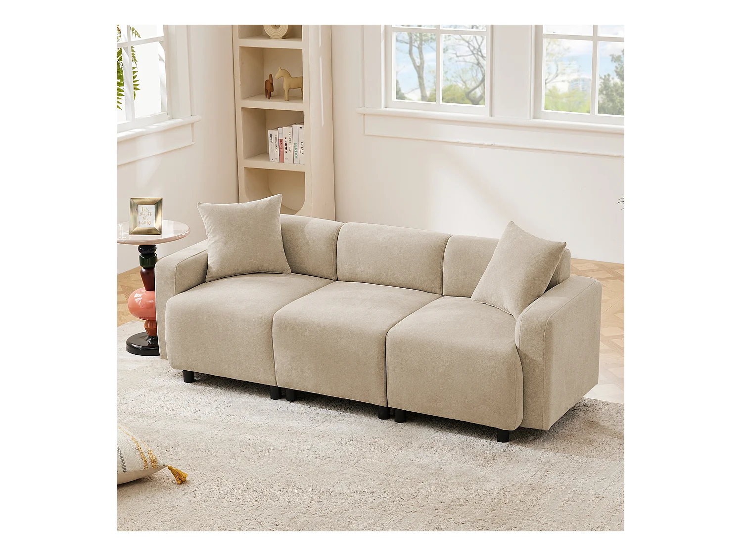 Canapé 3 places, moderne, tissu chenille, avec coussins décoratifs, beige (211x67x71 cm)