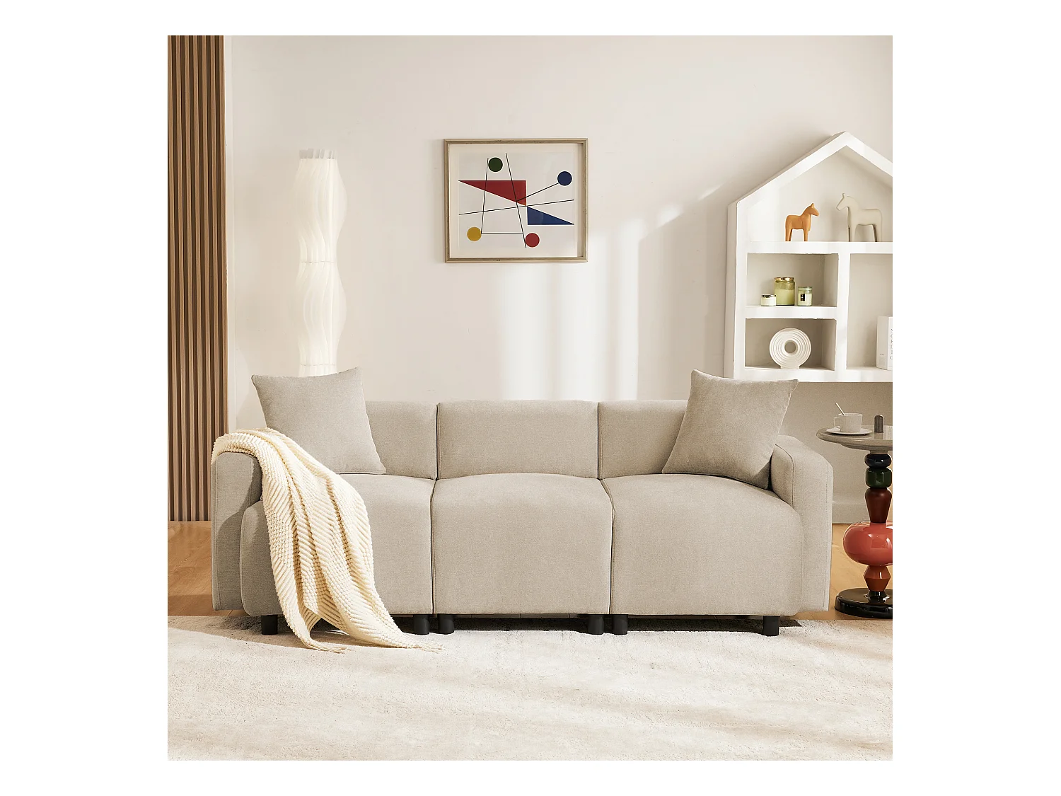 Canapé 3 places, moderne, tissu chenille, avec coussins décoratifs, beige (211x67x71 cm)