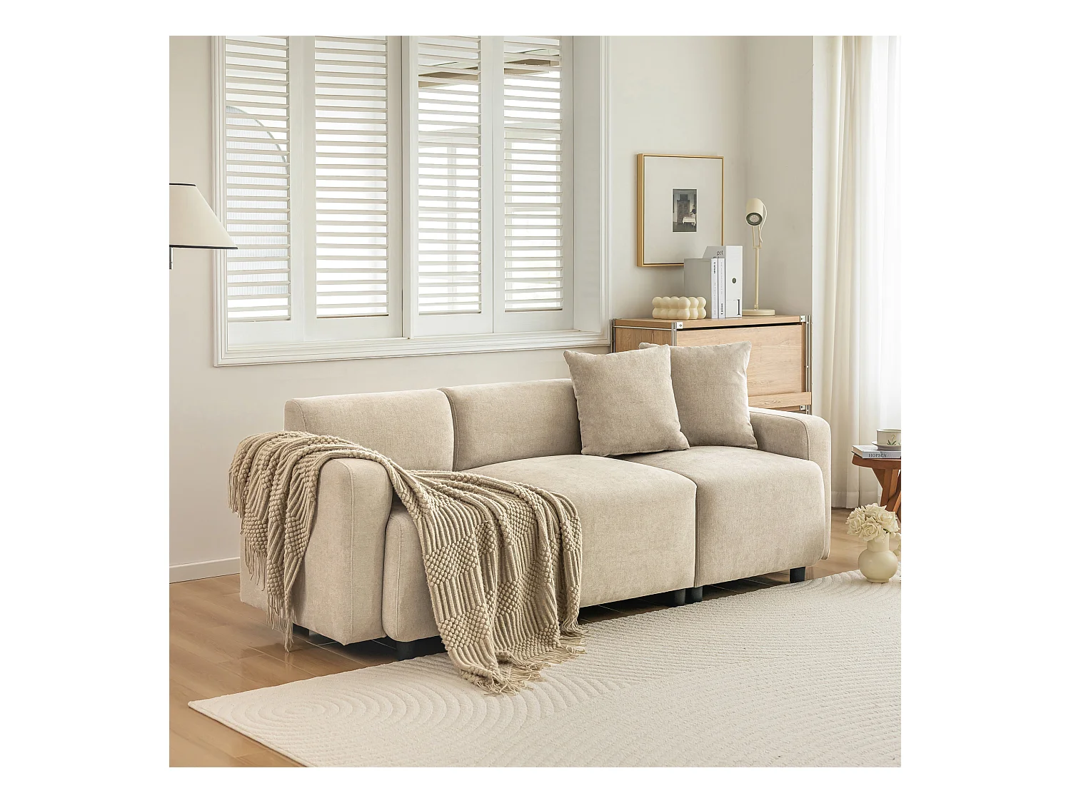 Canapé 3 places, moderne, tissu chenille, avec coussins décoratifs, beige (211x67x71 cm)