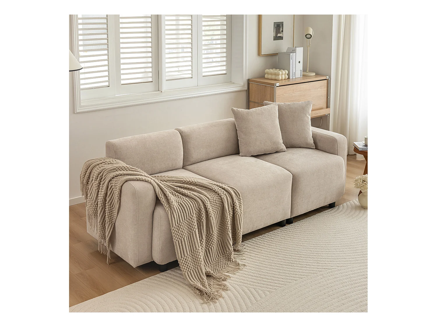 Canapé 3 places, moderne, tissu chenille, avec coussins décoratifs, beige (211x67x71 cm)