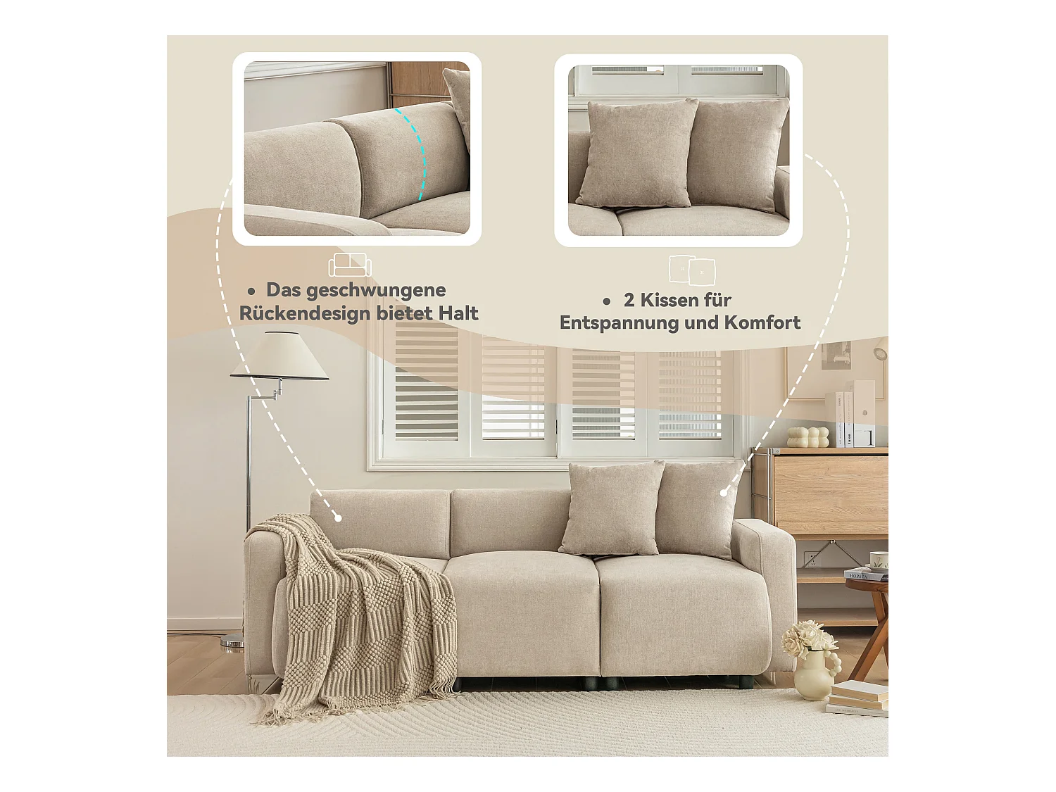 Canapé 3 places, moderne, tissu chenille, avec coussins décoratifs, beige (211x67x71 cm)