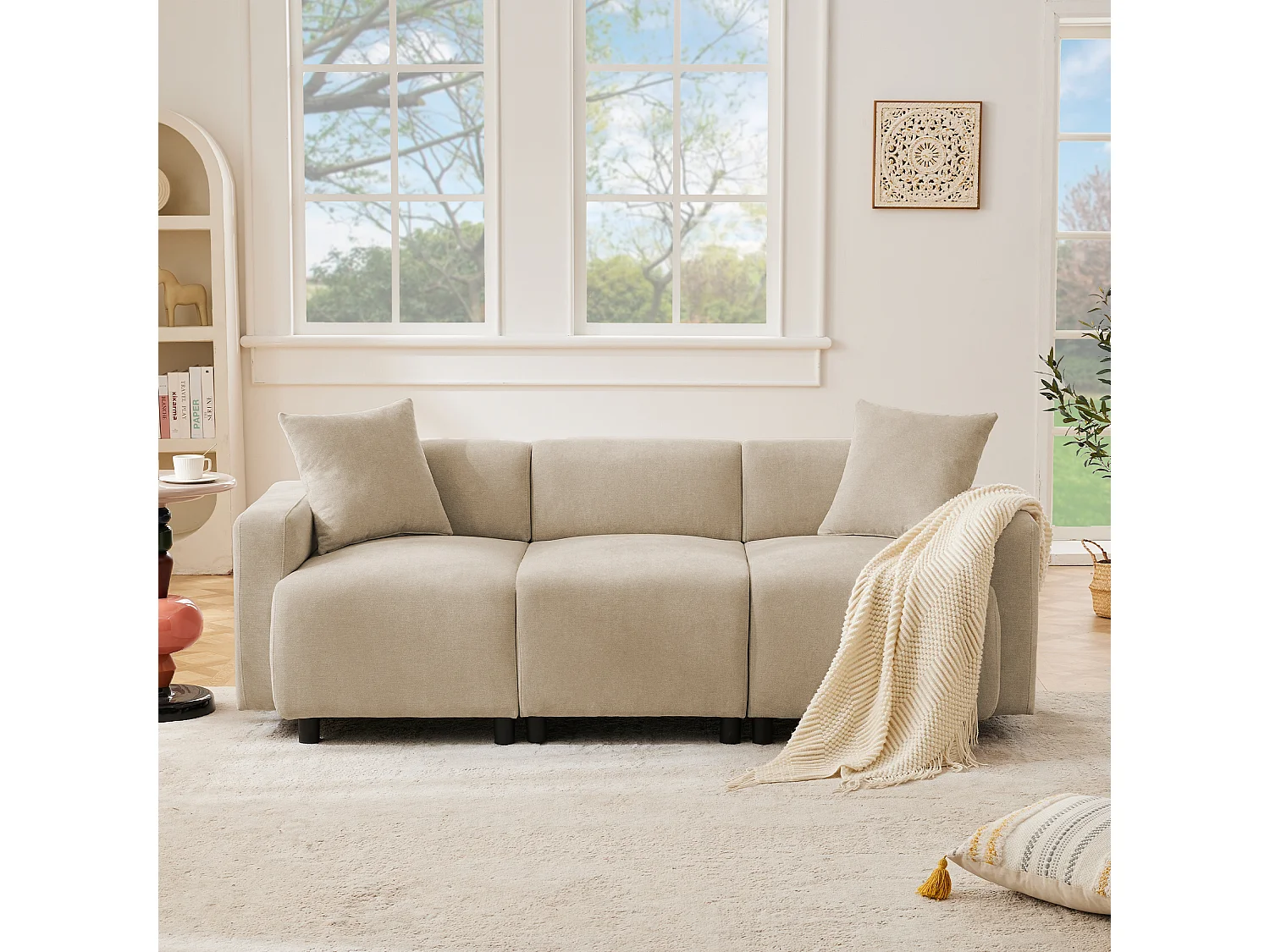 Canapé 3 places, moderne, tissu chenille, avec coussins décoratifs, beige (211x67x71 cm)