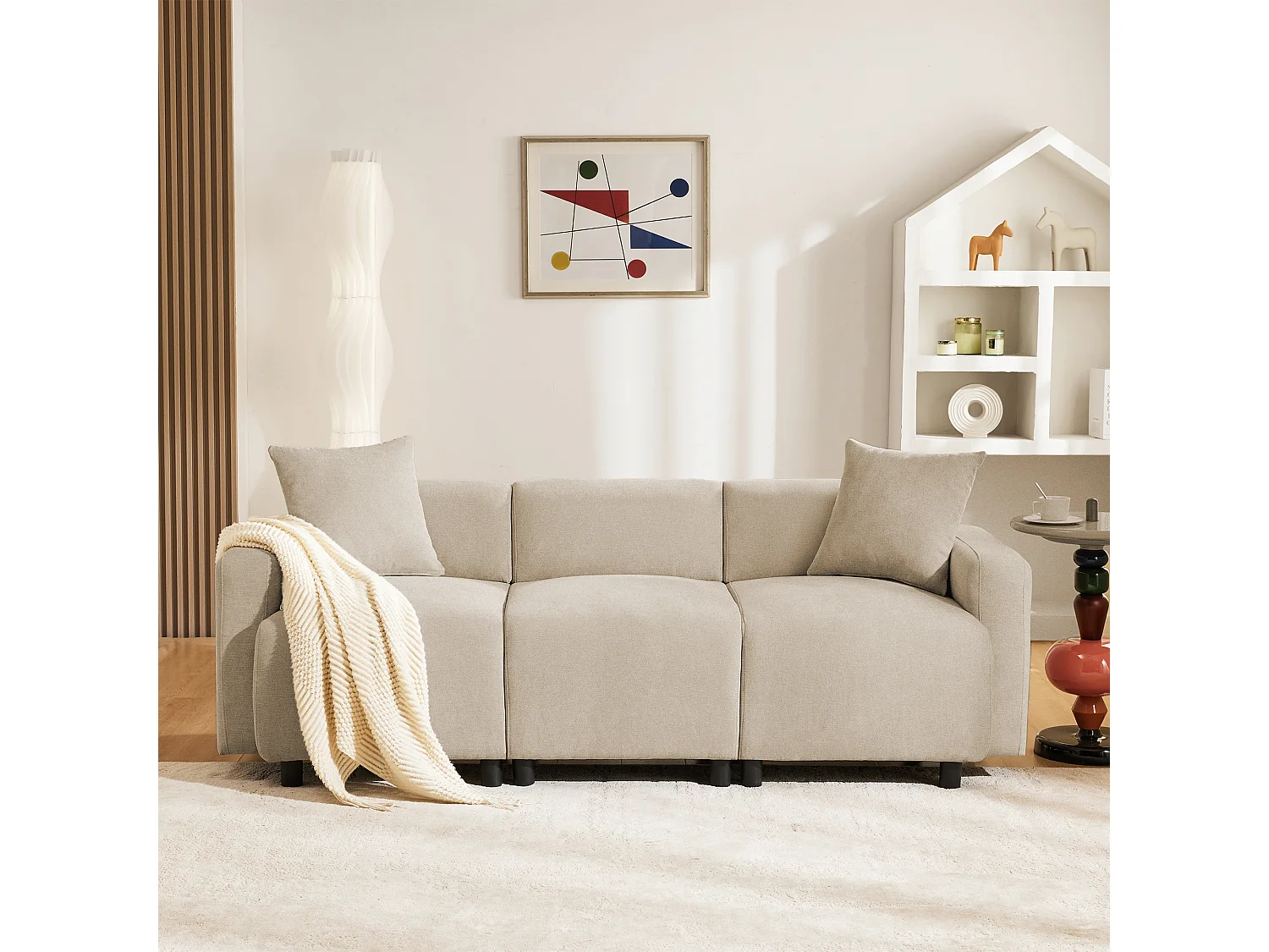 Canapé 3 places, moderne, tissu chenille, avec coussins décoratifs, beige (211x67x71 cm)