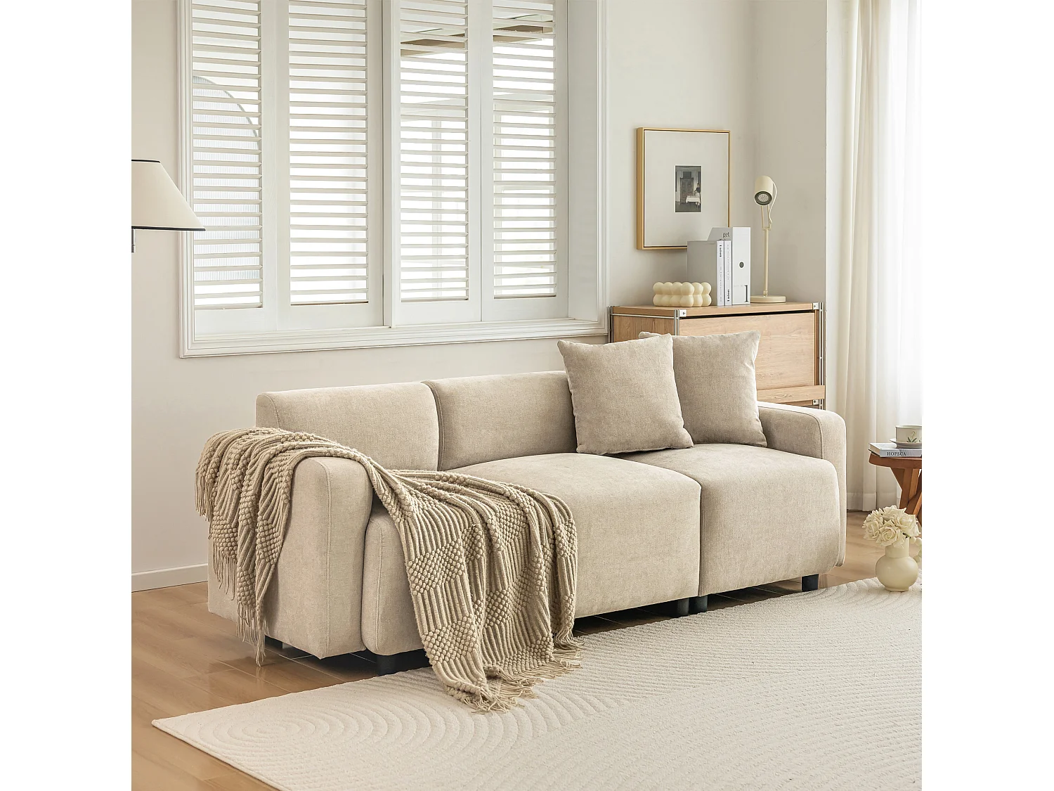 Canapé 3 places, moderne, tissu chenille, avec coussins décoratifs, beige (211x67x71 cm)