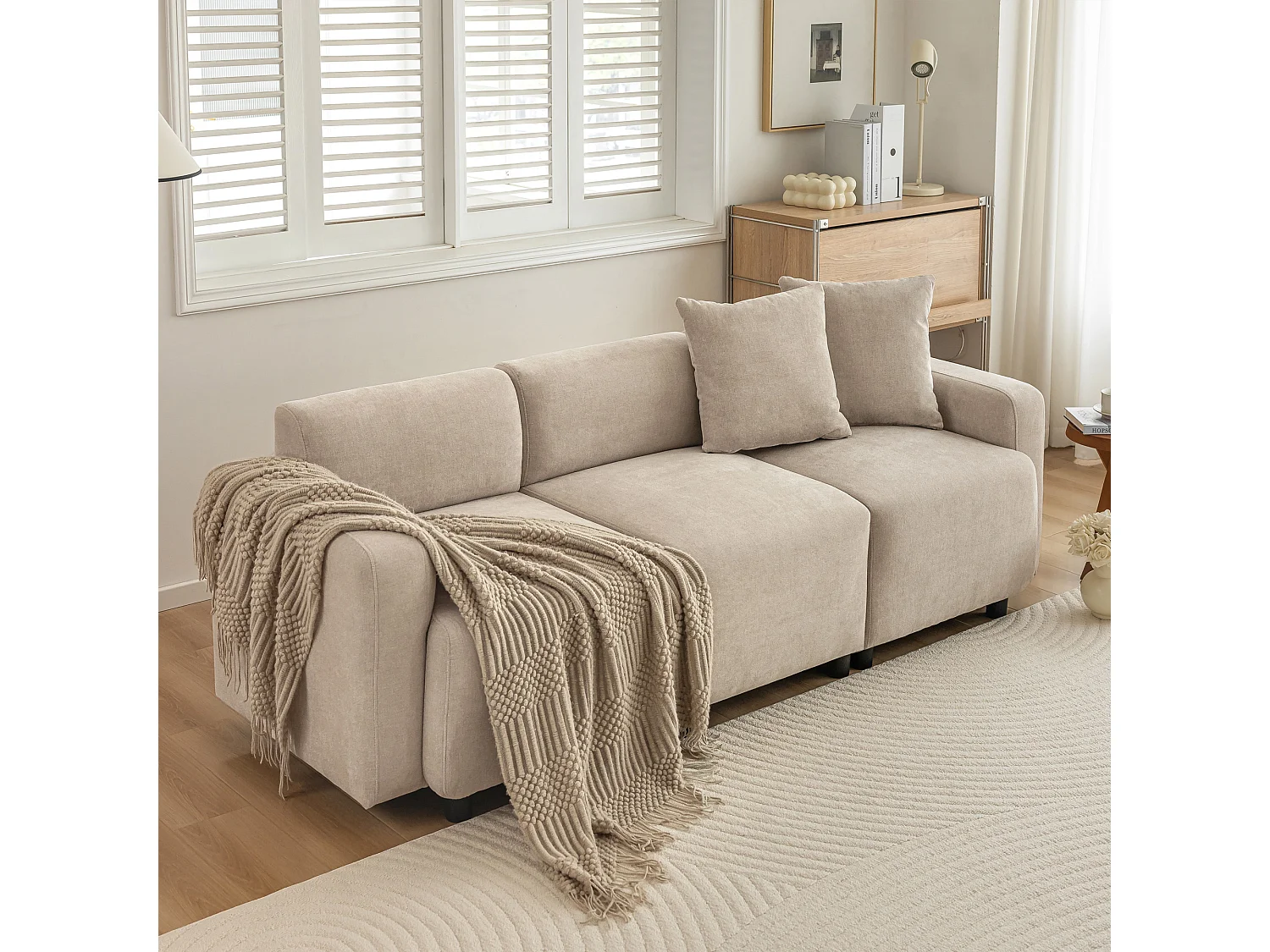 Canapé 3 places, moderne, tissu chenille, avec coussins décoratifs, beige (211x67x71 cm)