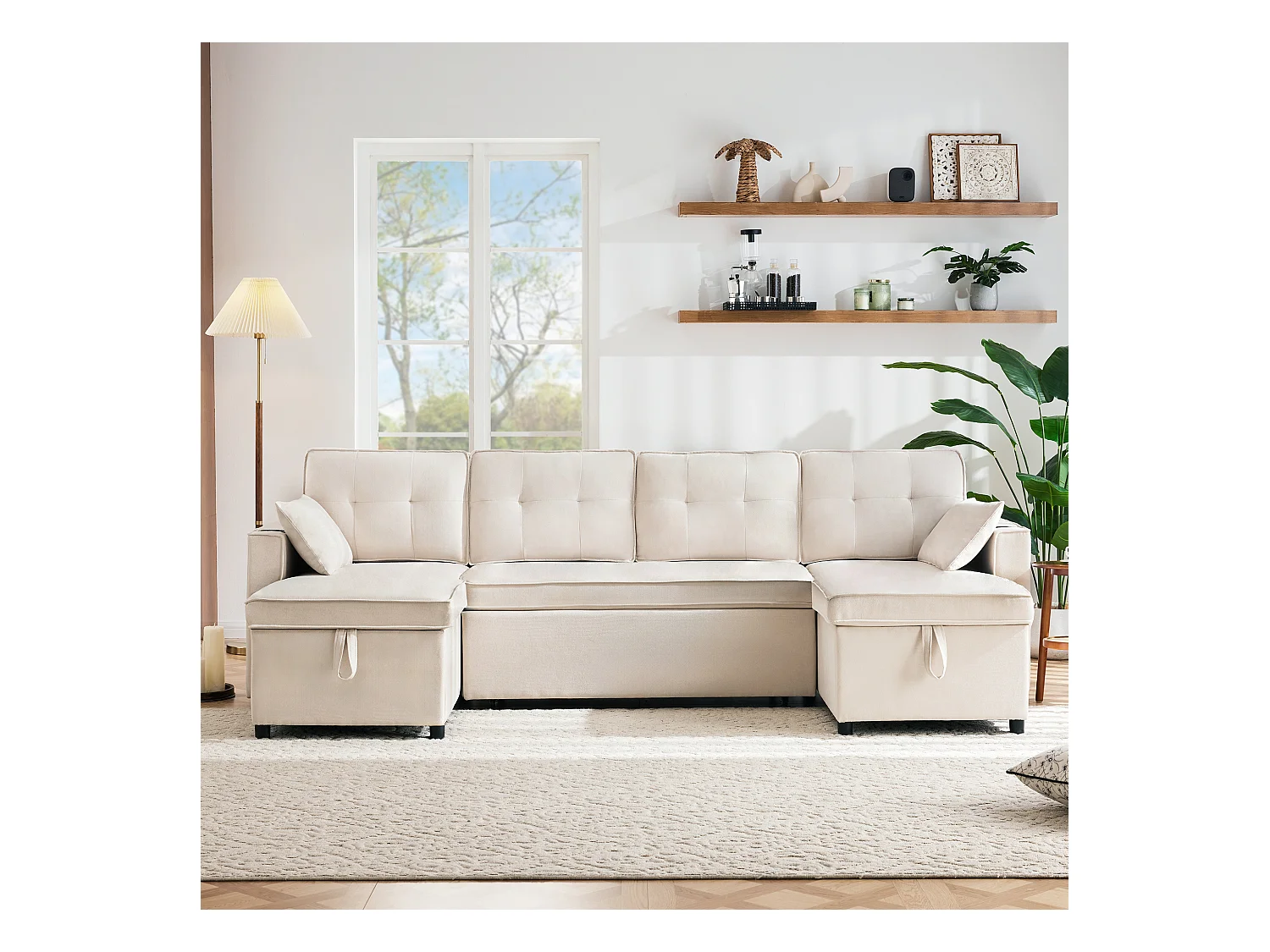 Canapé convertible en lit U, canapé avec rangement, velours, beige (270x130x86 cm)