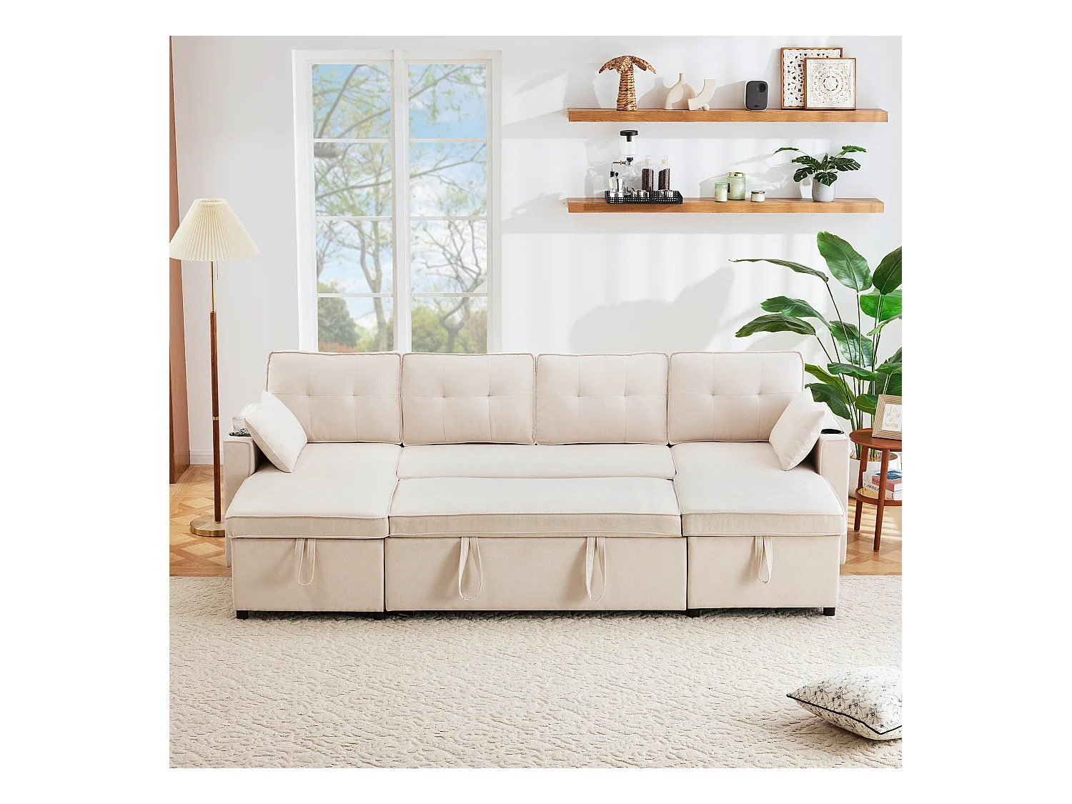 Canapé convertible en lit U, canapé avec rangement, velours, beige (270x130x86 cm)