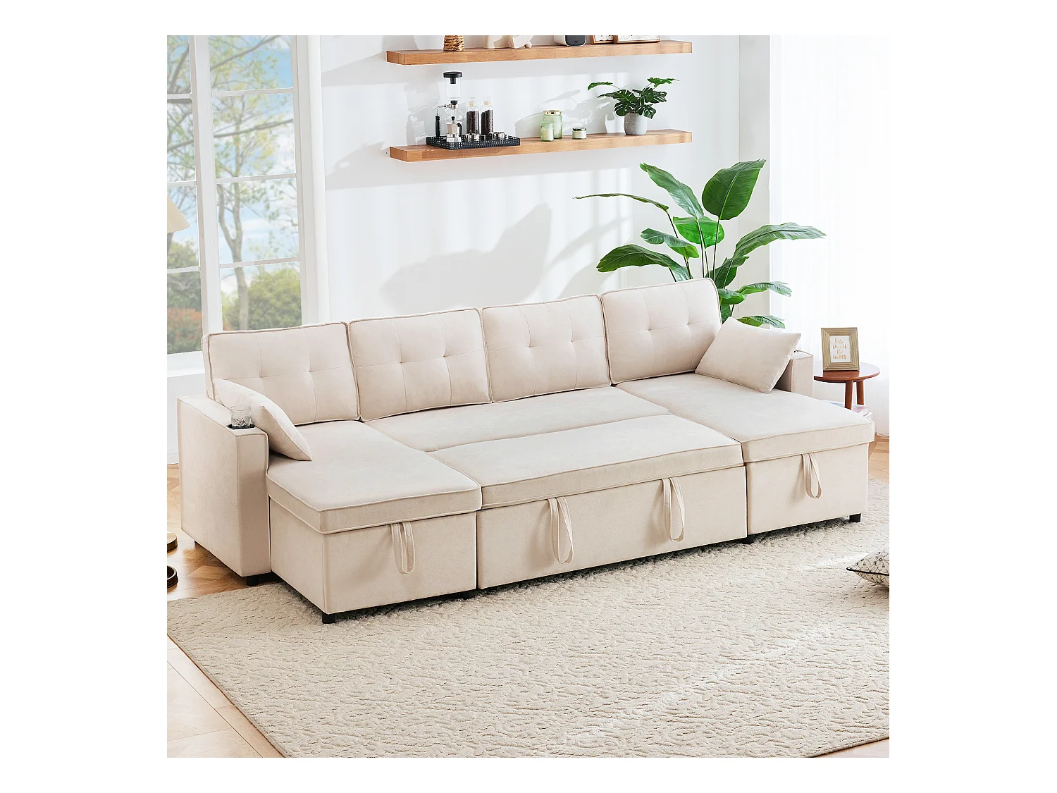 Canapé convertible en lit U, canapé avec rangement, velours, beige (270x130x86 cm)