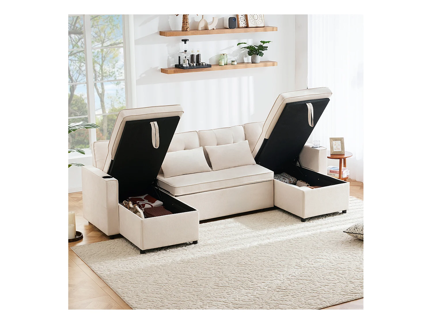 Canapé convertible en lit U, canapé avec rangement, velours, beige (270x130x86 cm)