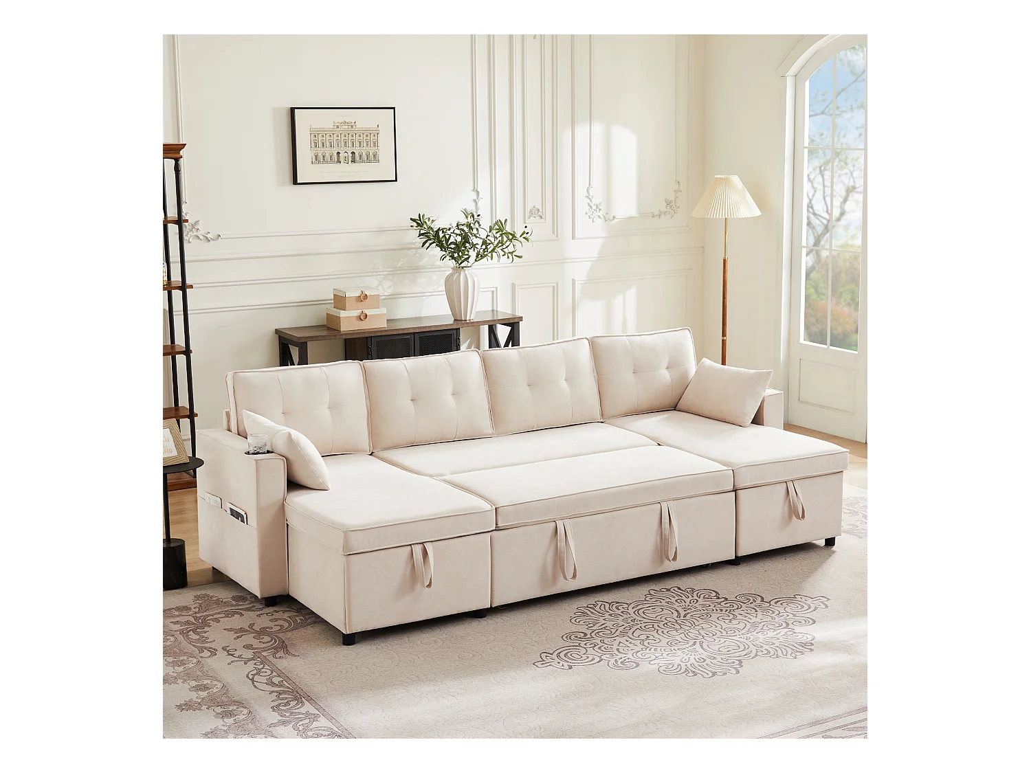 Canapé convertible en lit U, canapé avec rangement, velours, beige (270x130x86 cm)