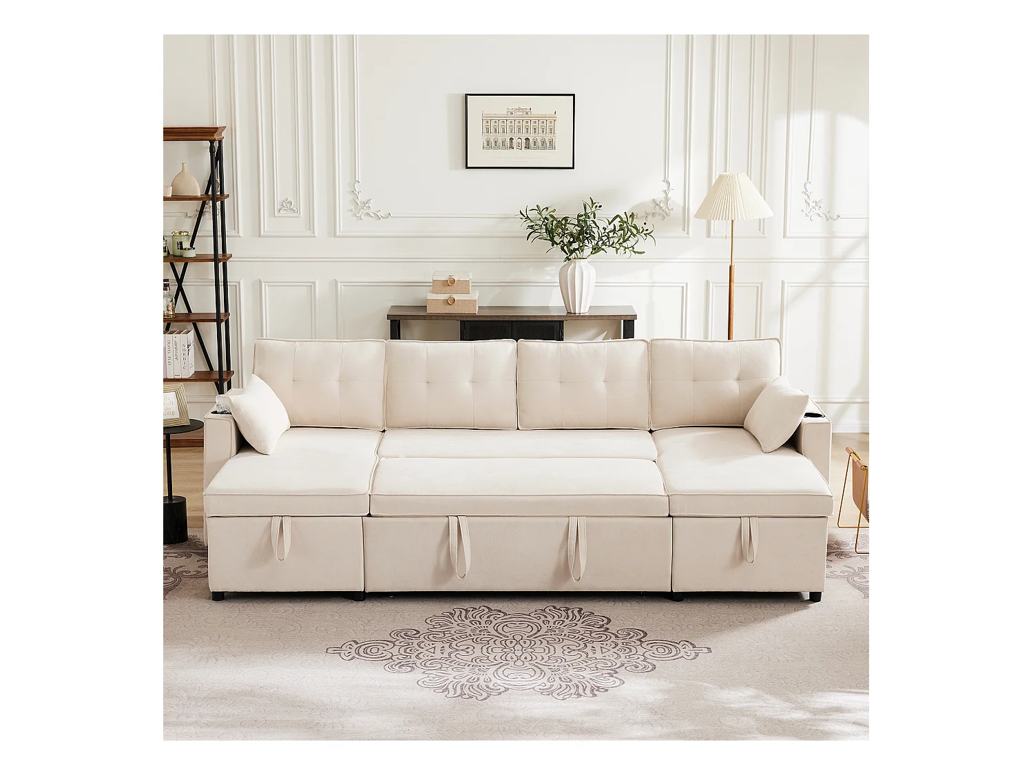 Canapé convertible en lit U, canapé avec rangement, velours, beige (270x130x86 cm)