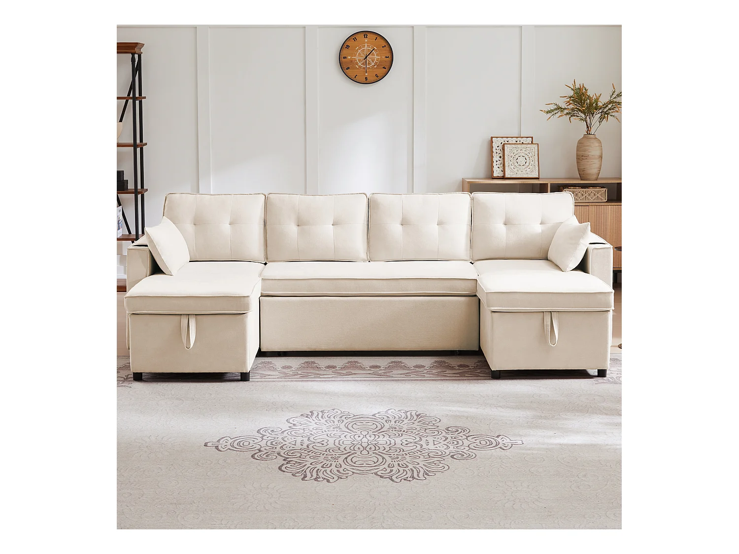 Canapé convertible en lit U, canapé avec rangement, velours, beige (270x130x86 cm)