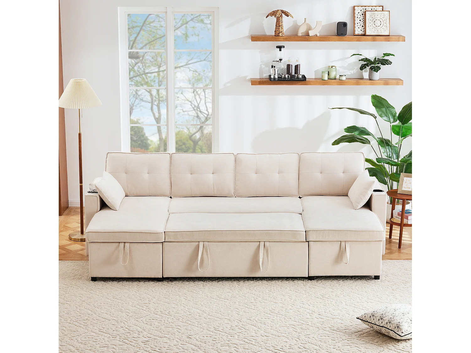 Canapé convertible en lit U, canapé avec rangement, velours, beige (270x130x86 cm)