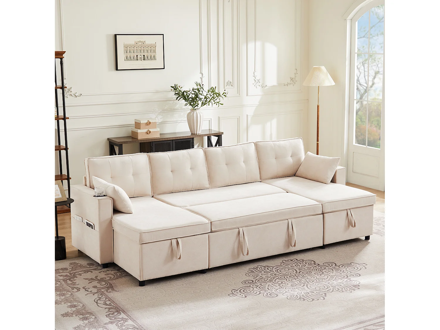 Canapé convertible en lit U, canapé avec rangement, velours, beige (270x130x86 cm)