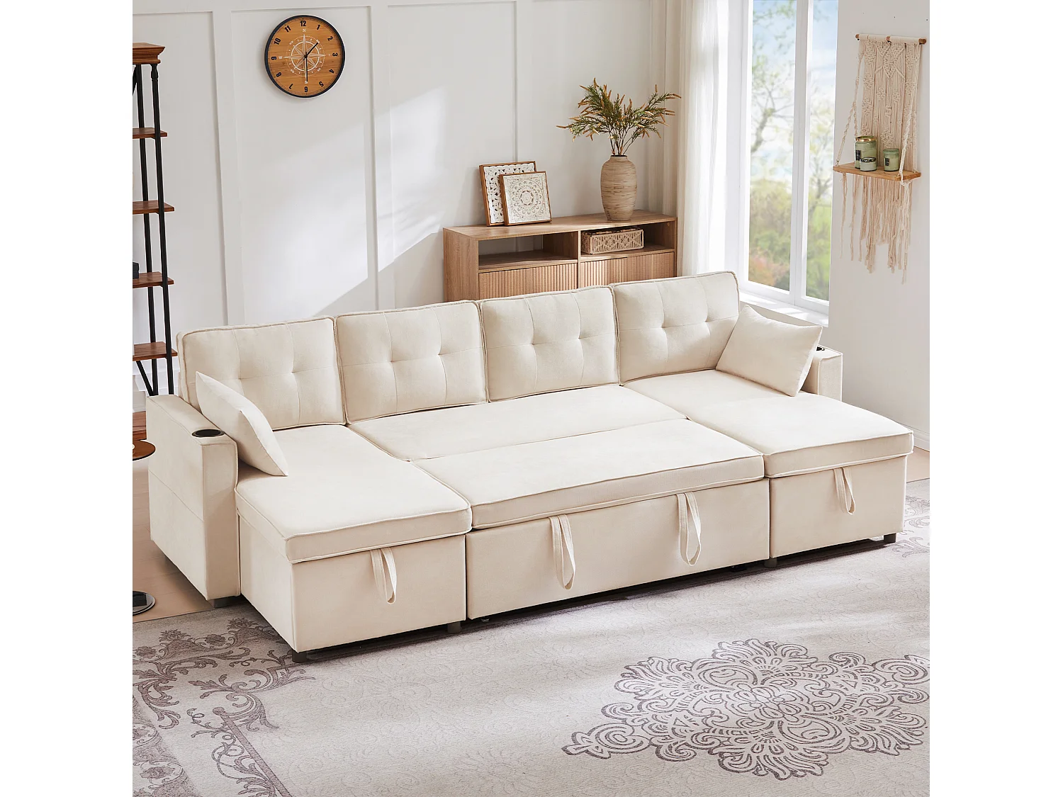 Canapé convertible en lit U, canapé avec rangement, velours, beige (270x130x86 cm)