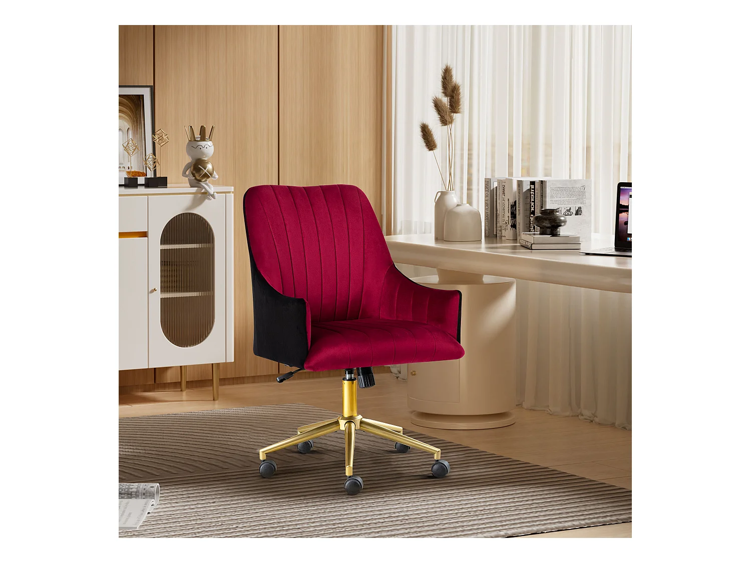 Verstelbare bureaustoel, fluwelen fauteuil, verstelbare armleuningen, voor kantoor/slaapkamer, rood en goud (48 x 52 x 94 cm)