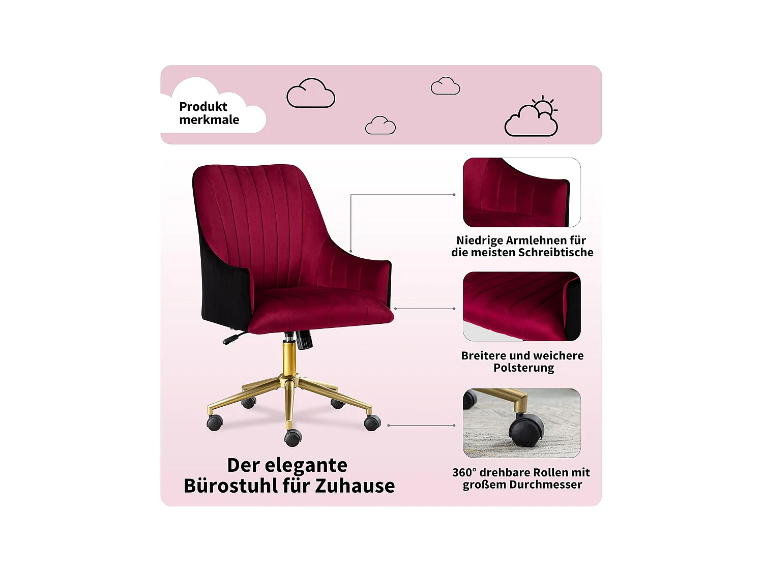 Verstelbare bureaustoel, fluwelen fauteuil, verstelbare armleuningen, voor kantoor/slaapkamer, rood en goud (48 x 52 x 94 cm)