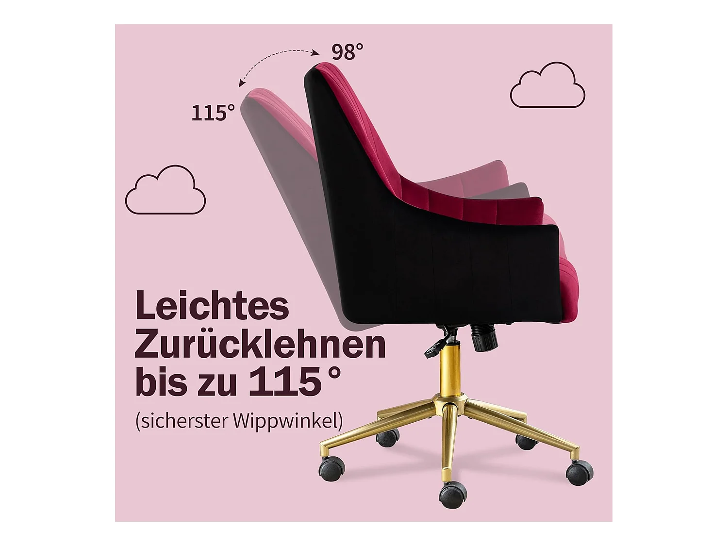 Verstelbare bureaustoel, fluwelen fauteuil, verstelbare armleuningen, voor kantoor/slaapkamer, rood en goud (48 x 52 x 94 cm)