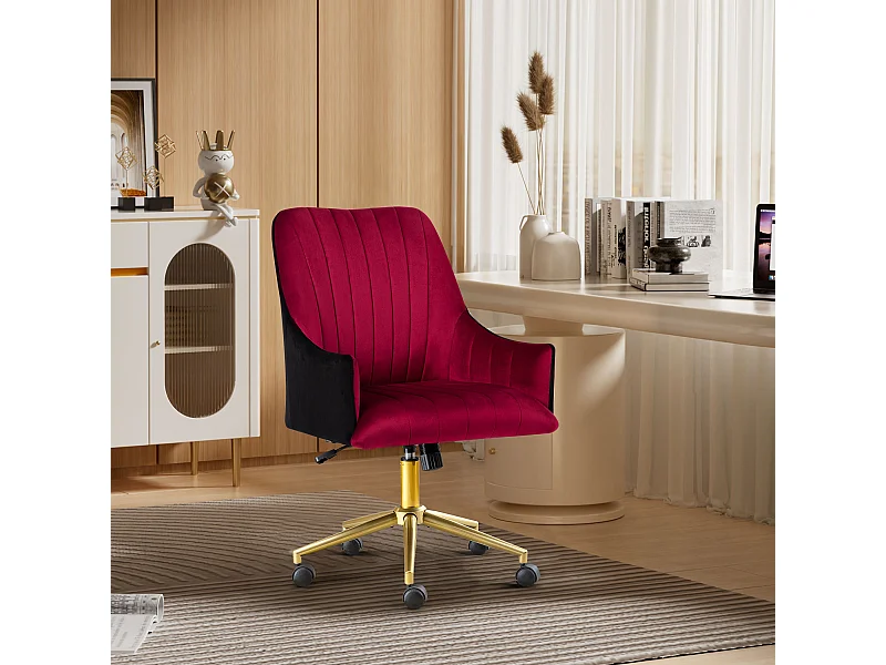 Verstelbare bureaustoel, fluwelen fauteuil, verstelbare armleuningen, voor kantoor/slaapkamer, rood en goud (48 x 52 x 94 cm)