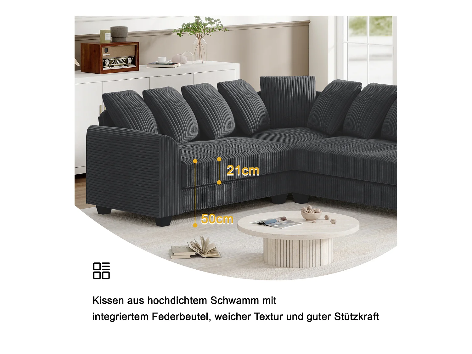 Sofá modular L, con cojines de respaldo, tejido de pana, gris (202 x 202 x 74 cm)