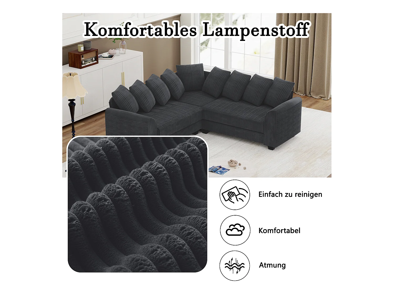 Sofá modular L, con cojines de respaldo, tejido de pana, gris (202 x 202 x 74 cm)