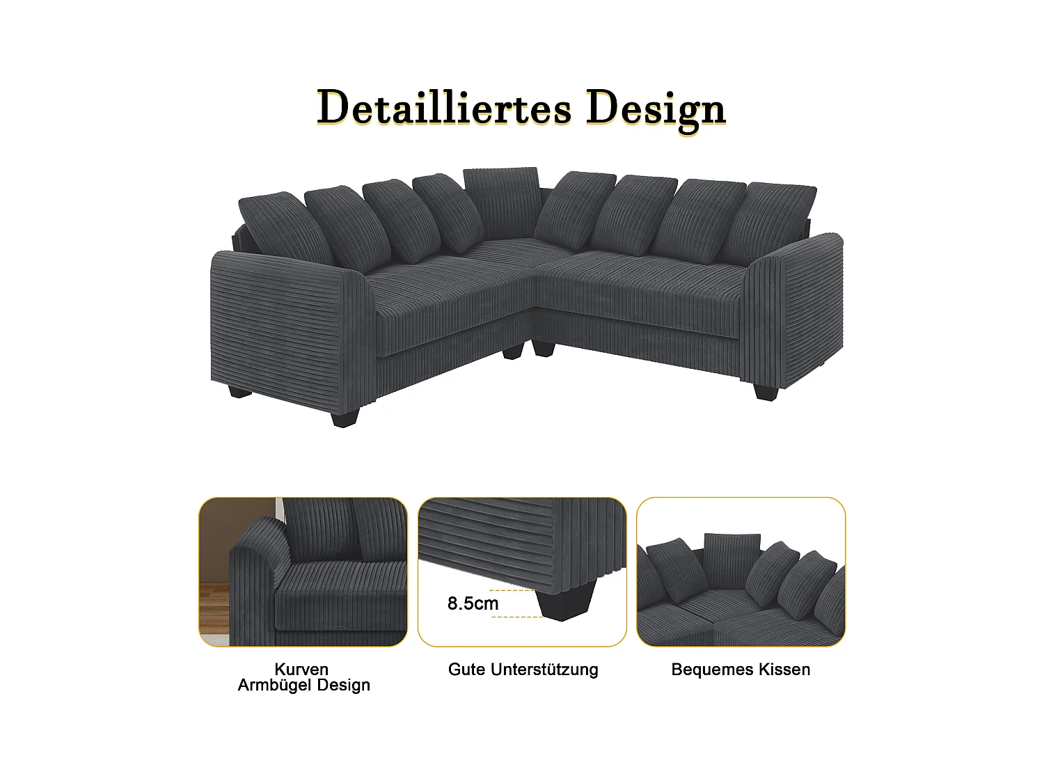 Sofá modular L, con cojines de respaldo, tejido de pana, gris (202 x 202 x 74 cm)