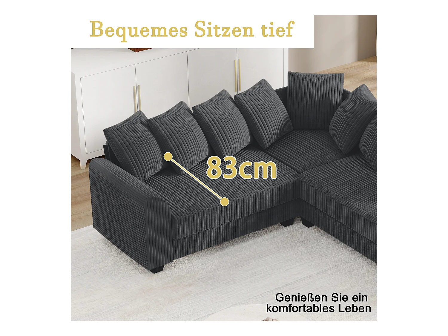 Sofá modular L, con cojines de respaldo, tejido de pana, gris (202 x 202 x 74 cm)