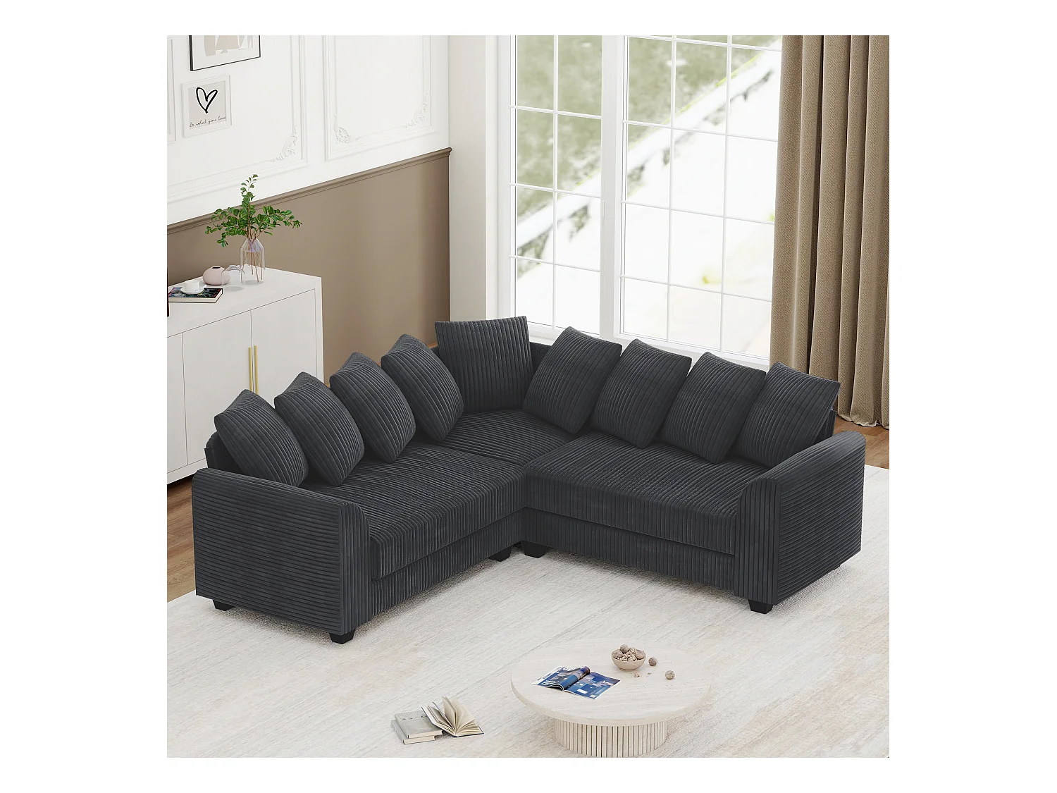 Sofá modular L, con cojines de respaldo, tejido de pana, gris (202 x 202 x 74 cm)