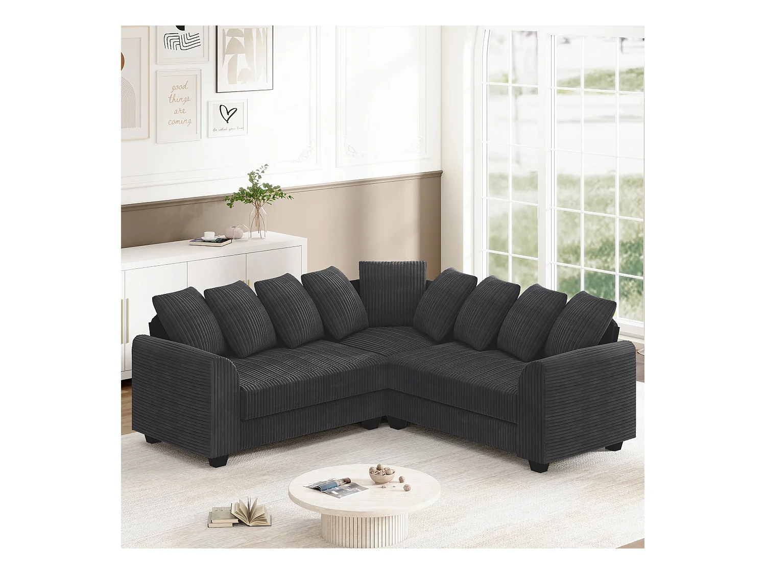 Canapé Modulable L, Canapé avec Coussins d'Appui, Tissu Velours côtelé, Gris (202x202x74 cm)
