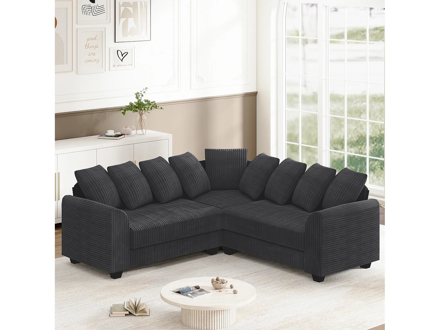 Modulaire bank L, bank met rugkussens, corduroy stof, grijs (202x202x74 cm)