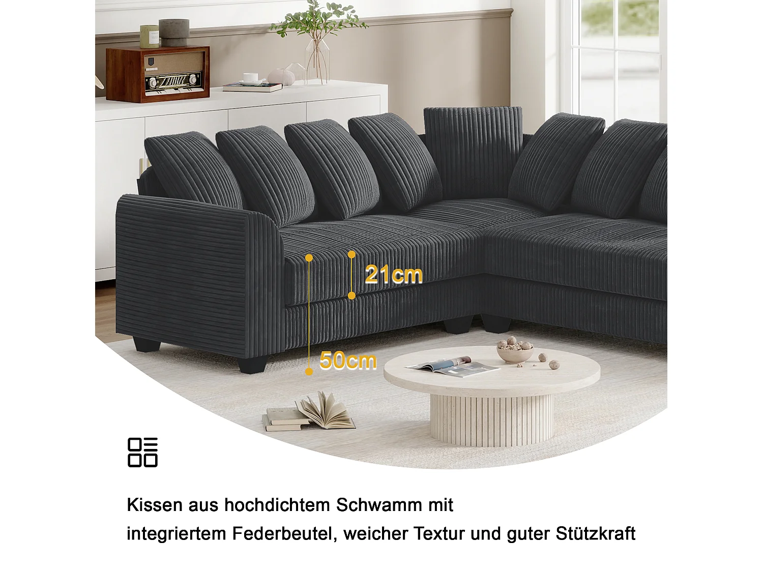 Modulaire bank L, bank met rugkussens, corduroy stof, grijs (202x202x74 cm)