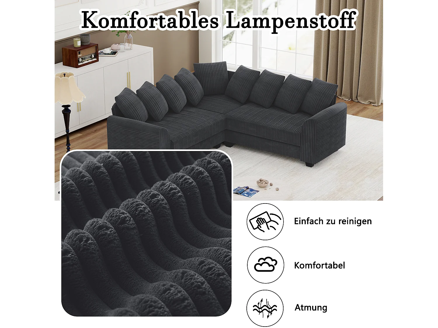 Modulaire bank L, bank met rugkussens, corduroy stof, grijs (202x202x74 cm)