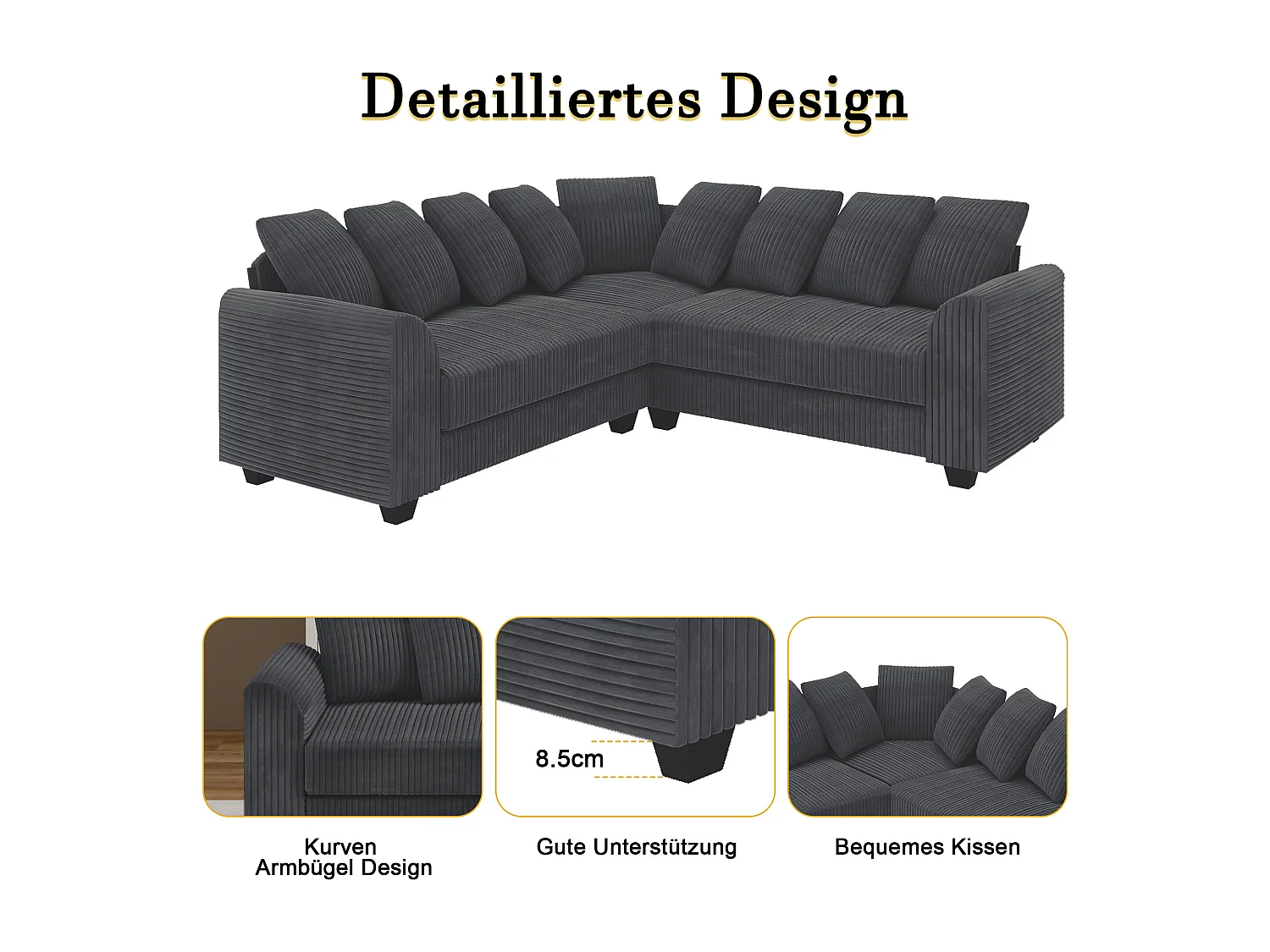 Modulaire bank L, bank met rugkussens, corduroy stof, grijs (202x202x74 cm)