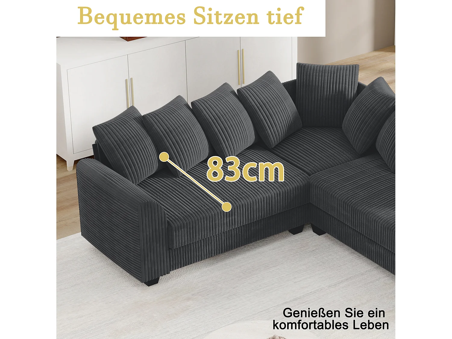 Modulaire bank L, bank met rugkussens, corduroy stof, grijs (202x202x74 cm)