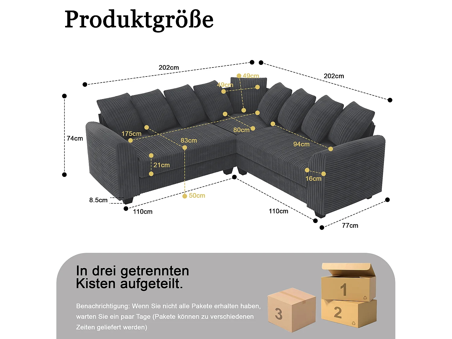 Modulaire bank L, bank met rugkussens, corduroy stof, grijs (202x202x74 cm)