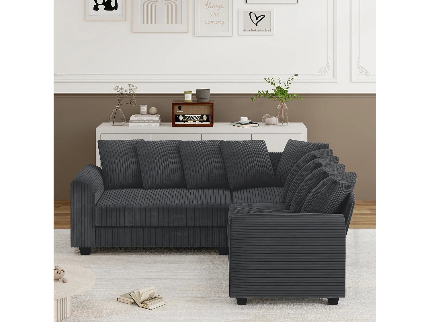 Modulaire bank L, bank met rugkussens, corduroy stof, grijs (202x202x74 cm)