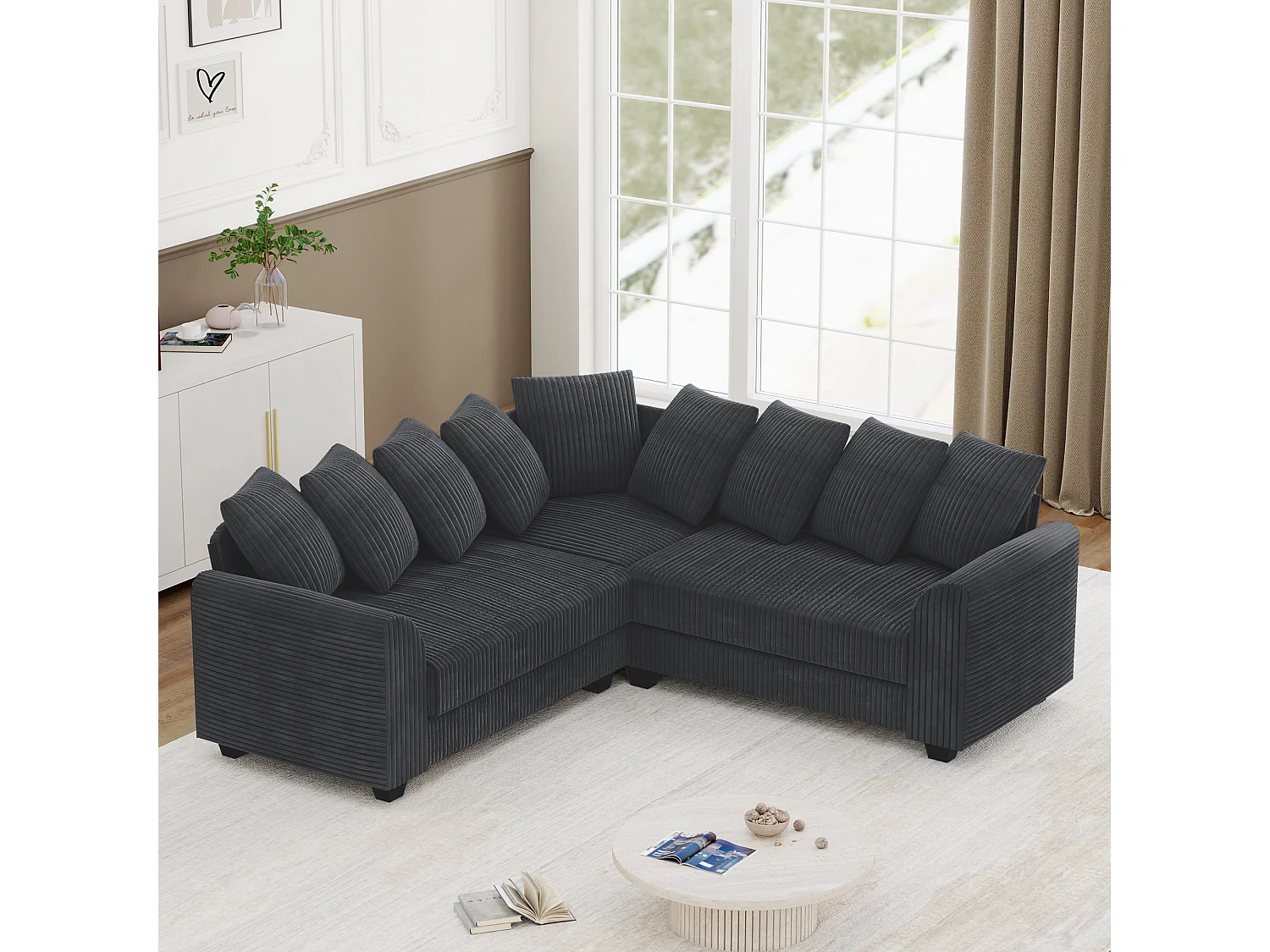 Modulaire bank L, bank met rugkussens, corduroy stof, grijs (202x202x74 cm)