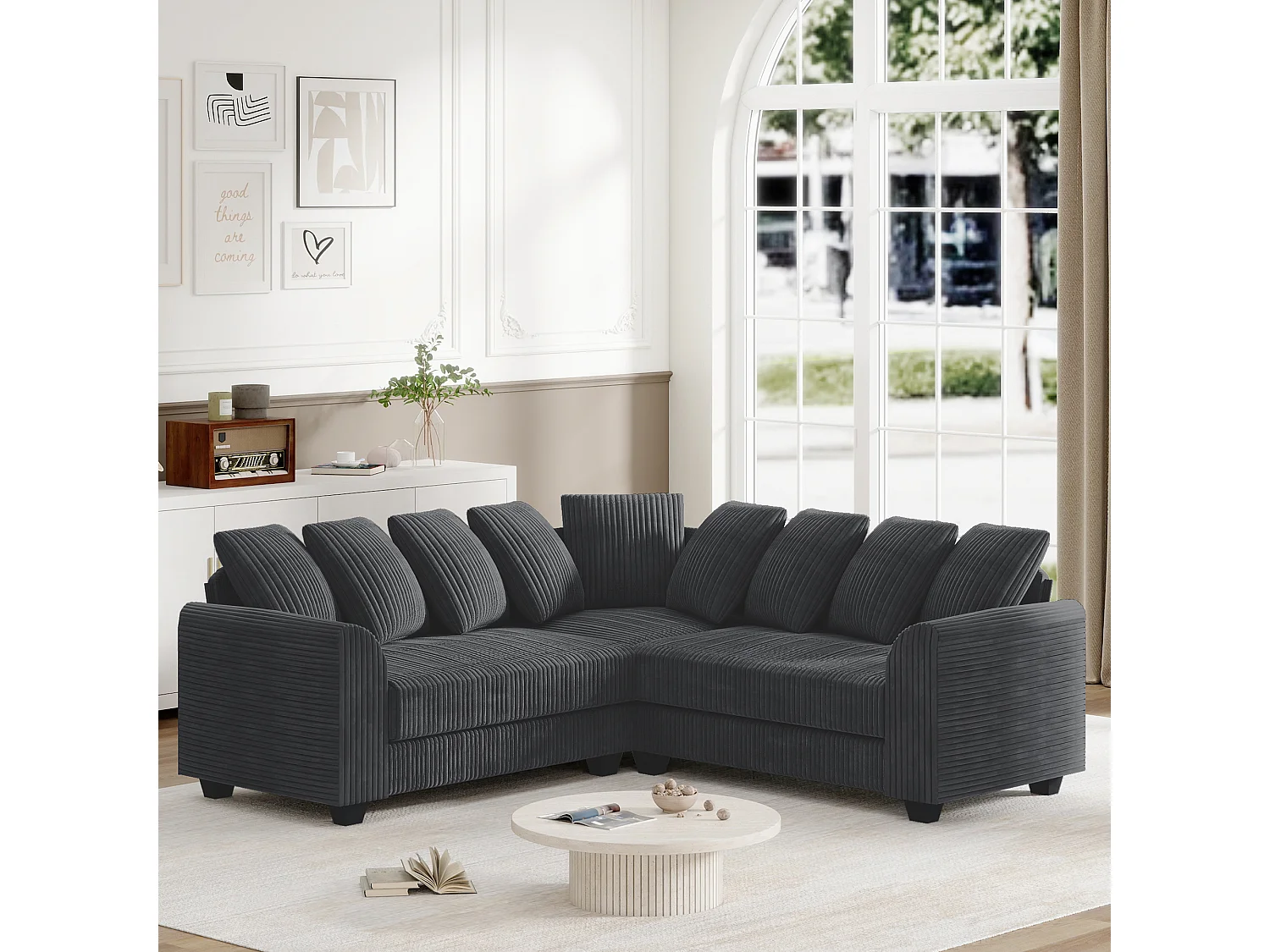 Modulaire bank L, bank met rugkussens, corduroy stof, grijs (202x202x74 cm)