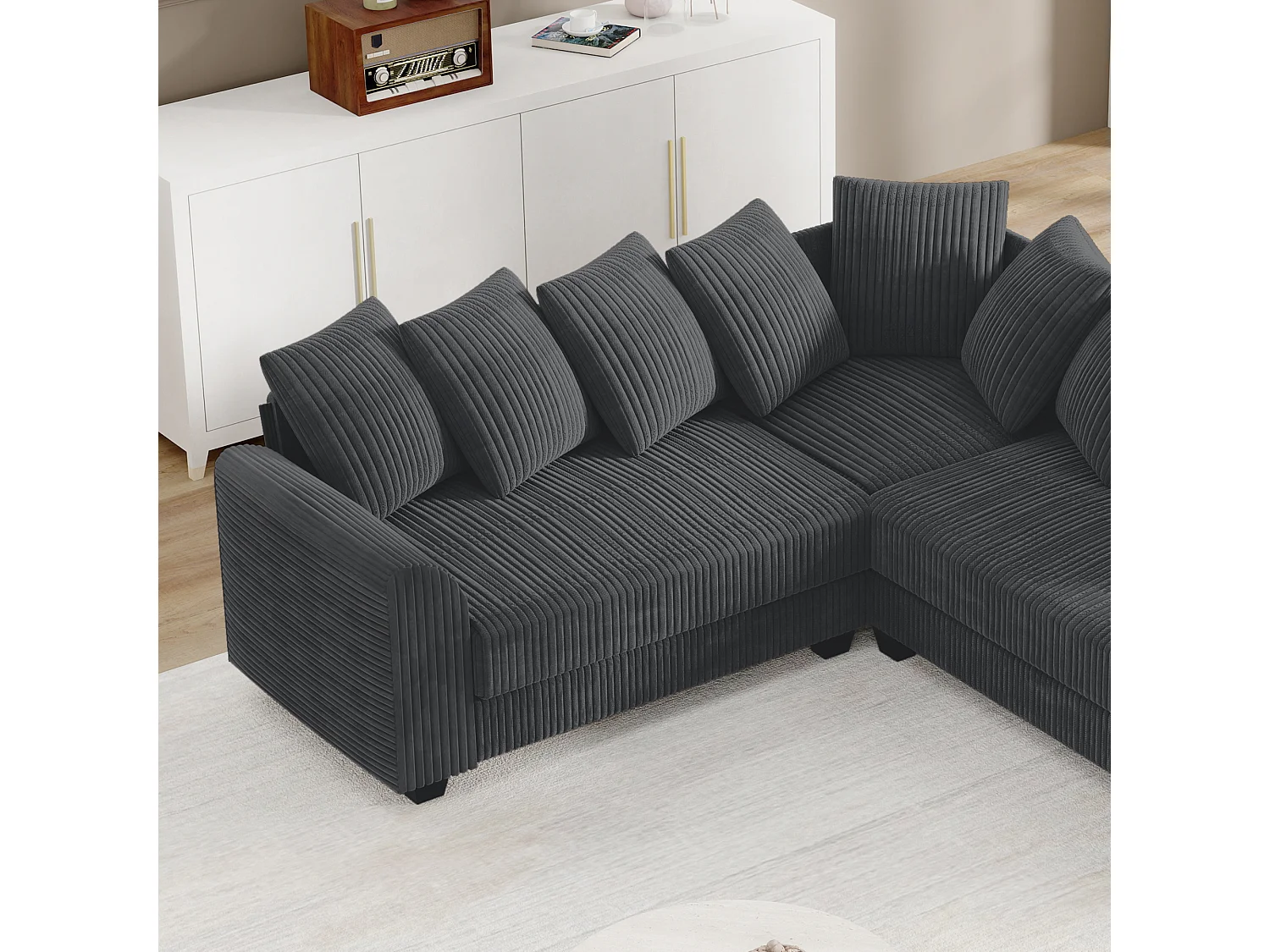 Modulaire bank L, bank met rugkussens, corduroy stof, grijs (202x202x74 cm)