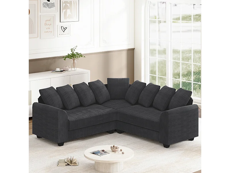 Modulaire bank L, bank met rugkussens, corduroy stof, grijs (202x202x74 cm)