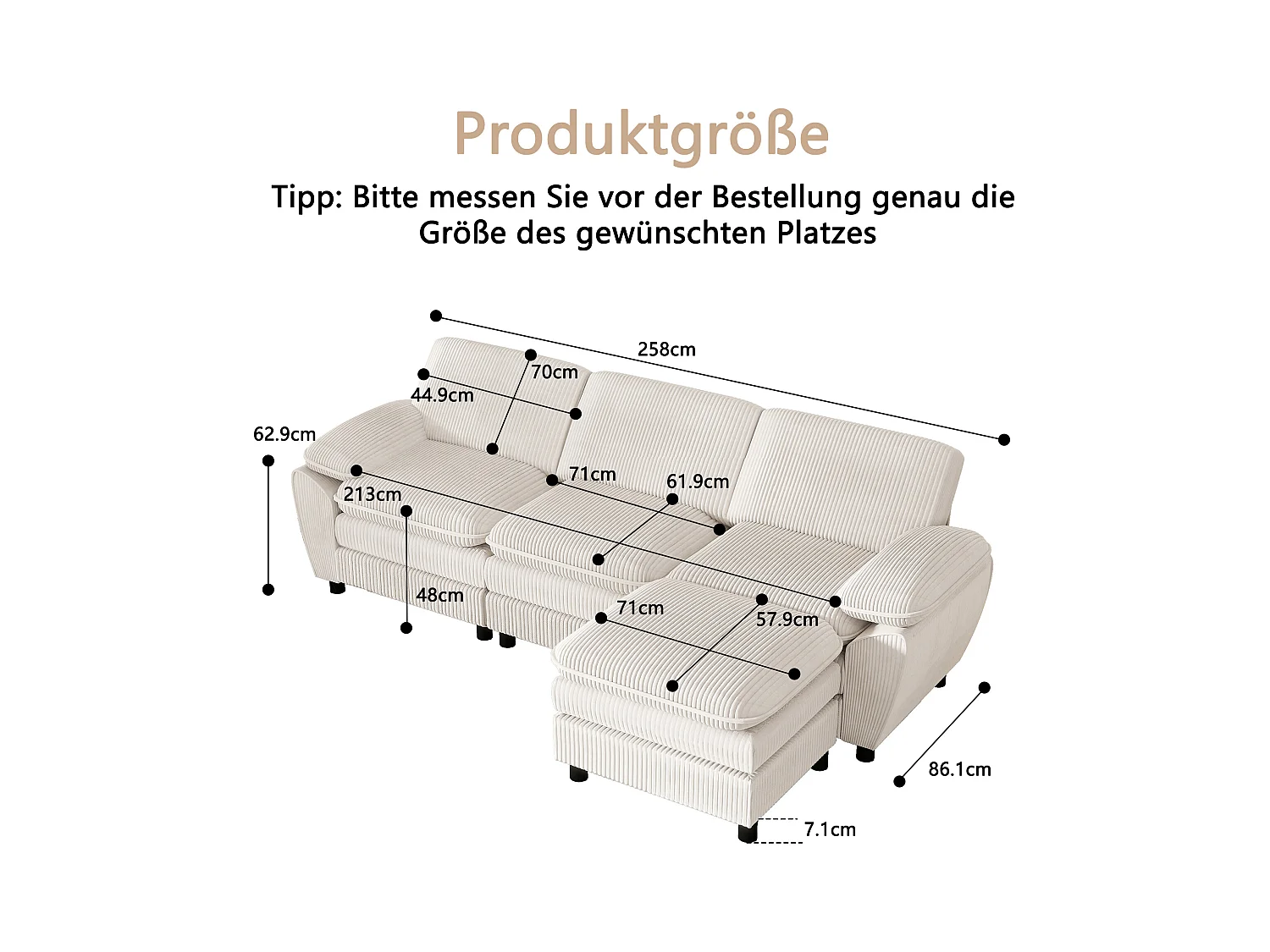 Sofá modular con cojines dobles, terciopelo, puf desenfundable, blanco (258x86,1x87,8 cm)