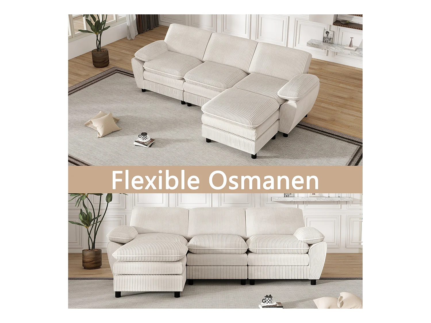 Sofá modular con cojines dobles, terciopelo, puf desenfundable, blanco (258x86,1x87,8 cm)