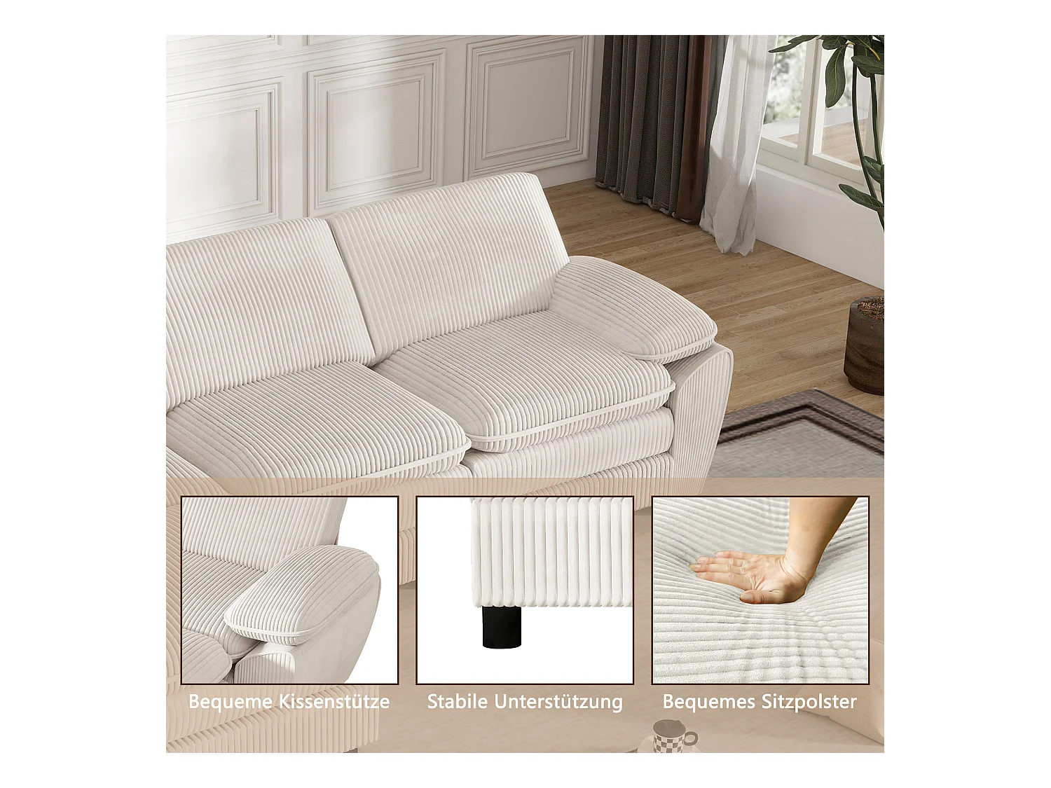 Sofá modular con cojines dobles, terciopelo, puf desenfundable, blanco (258x86,1x87,8 cm)