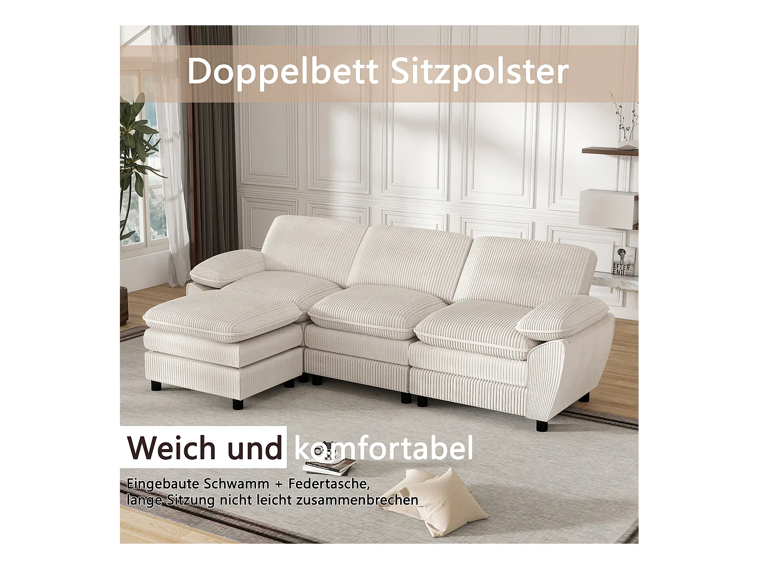 Sofá modular con cojines dobles, terciopelo, puf desenfundable, blanco (258x86,1x87,8 cm)