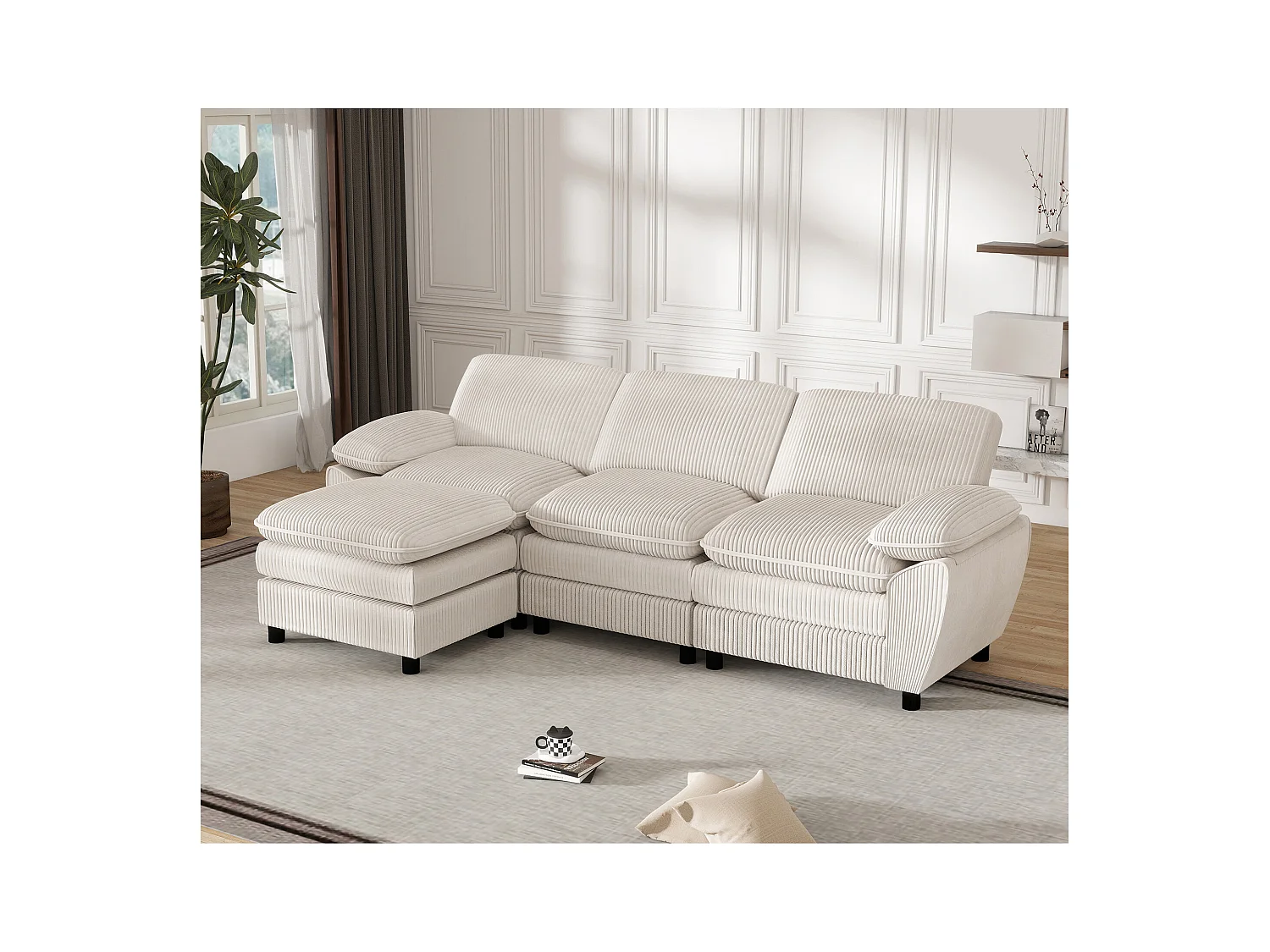 Canapé modulable avec coussins doubles, velours, Pouf amovible, blanc (258x86.1x87.8 cm)