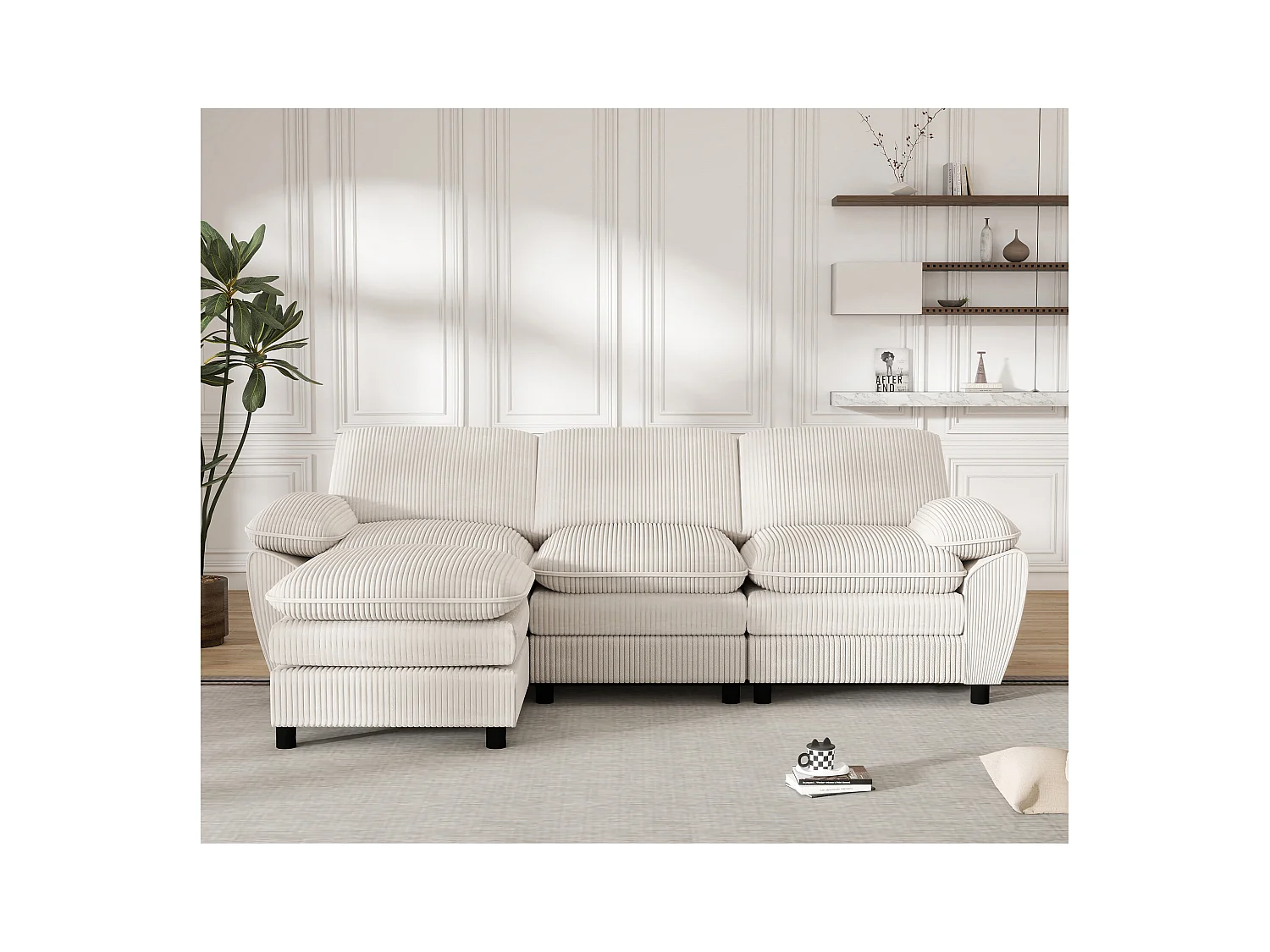 Canapé modulable avec coussins doubles, velours, Pouf amovible, blanc (258x86.1x87.8 cm)