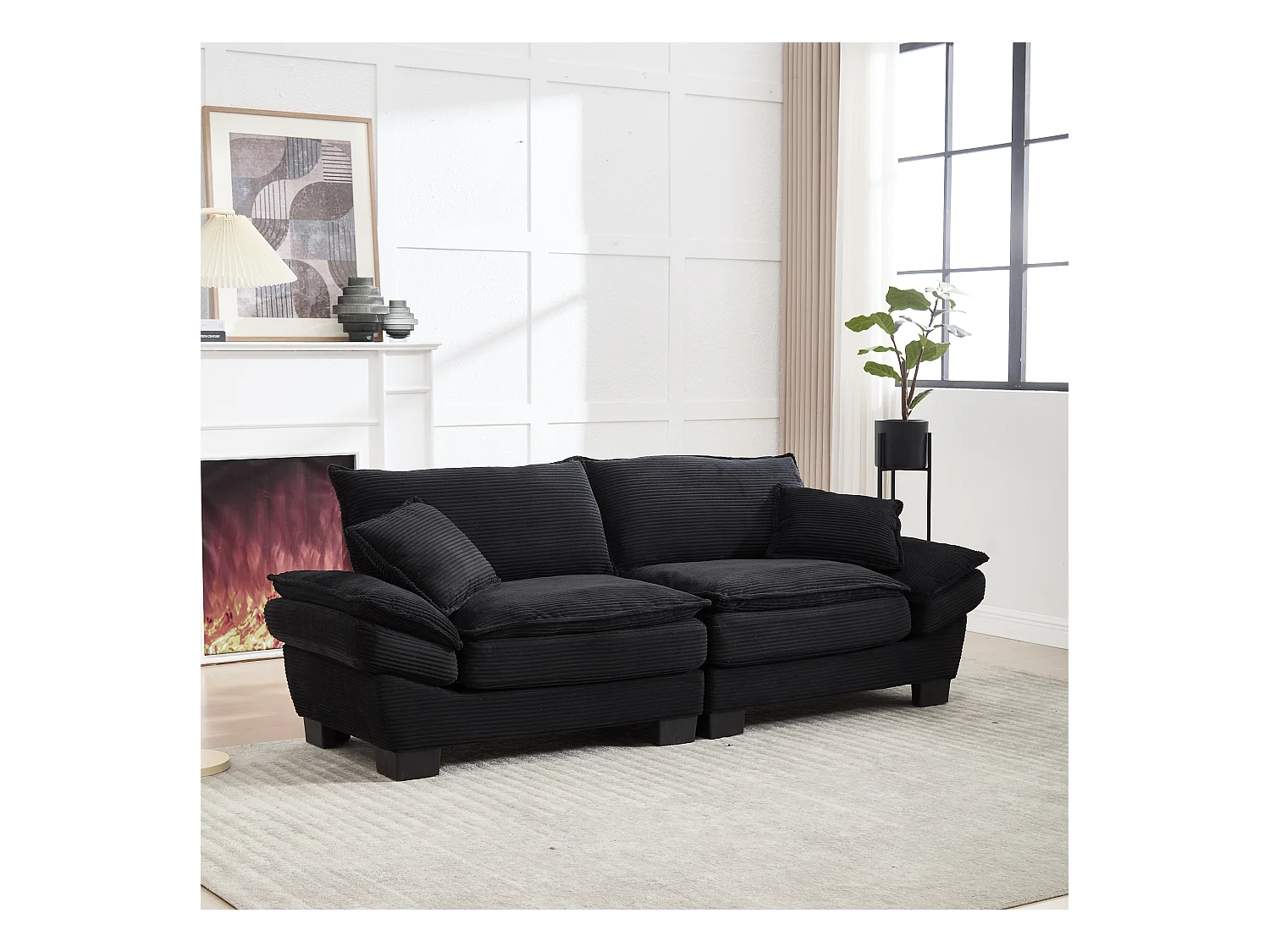 Canapé 2 places avec matelas convertible, en velours, avec coussins et design moderne, noir (longueur x largeur x hauteur cm)